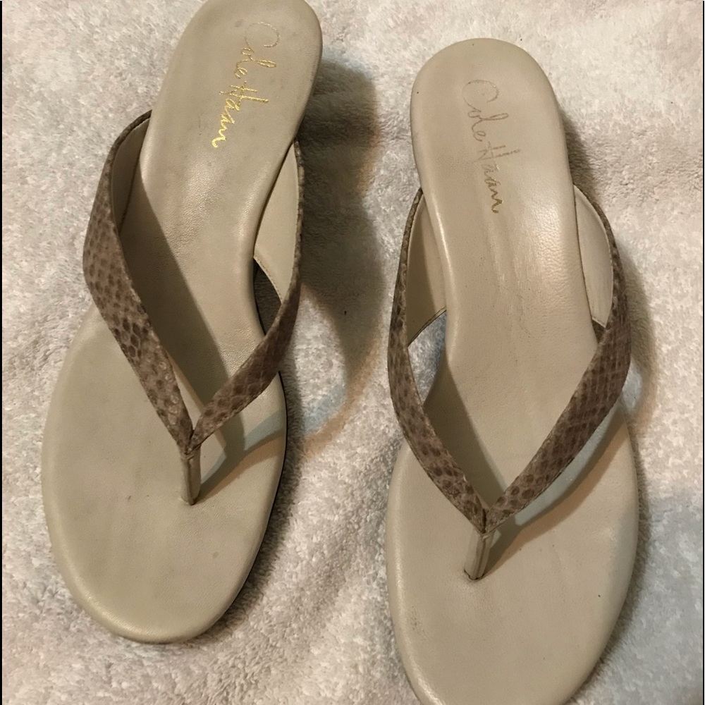 Cole Haan leather, wedge, neutral tone flip flops